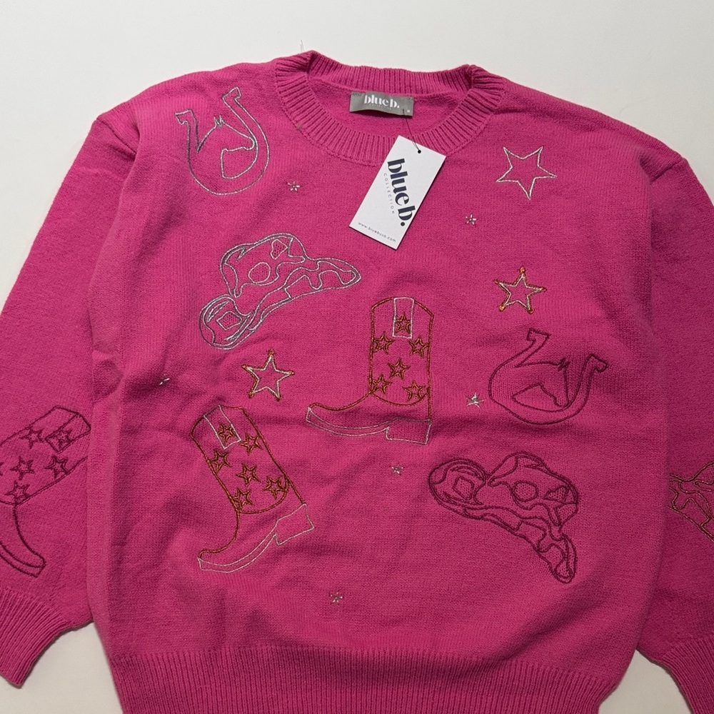 Blue B Women's Pink Sweater with Star and Boot Design
